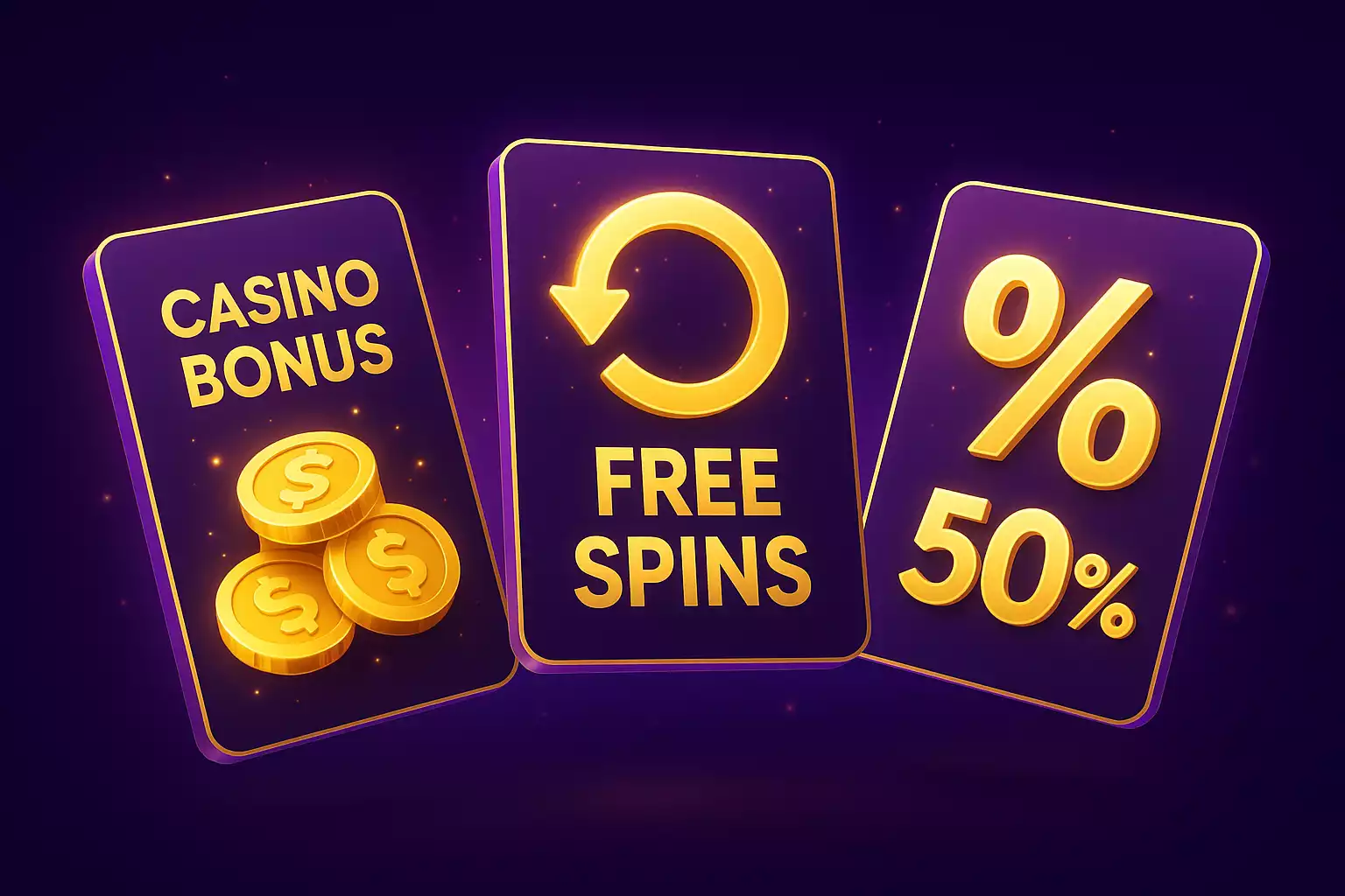 3D ilustrace casino bonusů - zlaté mince, free spiny a procenta