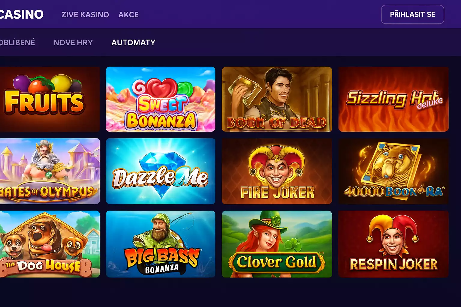 Ukázka moderního lobby českého online casina s výběrem her